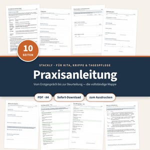 Peut inclure: Un ensemble de documents numériques intitulé STACKLY - FÜR KITA, KRIPPE & TAGESPFLEGE PRAXISANLEITUNG VOM ERSTGESPRÄCH BIS ZUR BEURTEILUNG - DIE VOLLSTÄNDIGE MAPPE. Il comprend 10 pages de formulaires imprimables A4 pour professionnels en PDF.