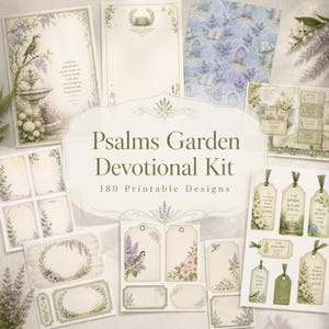 Puede incluir: Un kit devocional Psalms Garden con 180 diseños imprimibles que incluyen papelería, etiquetas de regalo y tarjetas decoradas con ilustraciones de pájaros, fuentes, lavanda y coronas florales en tonos suaves de morado, verde y crema.