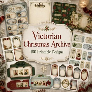 Pode incluir: Uma coleção de designs imprimíveis Victorian Christmas Archive com 180 itens, incluindo etiquetas de presente, papelaria e adesivos decorativos com ilustrações vintage de quebra-nozes, brinquedos e motivos natalinos em vermelho, verde e creme.