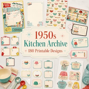 Pode incluir: Uma coleção de designs de papel imprimíveis com temas de cozinha dos anos 50, incluindo cartões de receitas, etiquetas de despensa e papelaria estampada. O conjunto exibe várias ilustrações de utensílios de cozinha vintage e geleias.