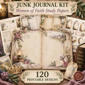 Puede incluir: Un kit de junk journal titulado Women of Faith Study Papers con 120 diseños imprimibles. La colección incluye papel rayado de estilo vintage, postales, etiquetas y una corona, decorados con motivos florales, lámparas de aceite y escrituras.