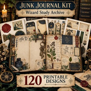 May include: A junk journal kit titled Wizard Study Archive featuring 120 printable designs. The kit includes an open book with botanical illustrations, vintage keys, and ink bottles, alongside sheets of paper with celestial and herbarium motifs.