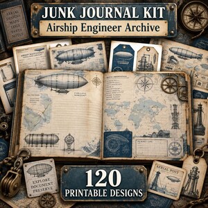 Pode incluir: Um kit de junk journal intitulado Airship Engineer Archive com 120 designs imprimíveis. A coleção inclui um livro aberto com plantas de dirigíveis, mapas mundiais, registos de voo e notas de observação, juntamente com várias etiquetas e cartões.