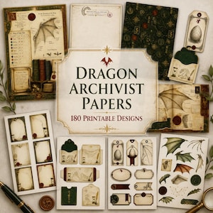 Peut inclure: Une collection de papiers imprimables présentant des illustrations sur le thème des dragons, incluant des schémas d'ailes anatomiques, des cadres en parchemin vintage, des étiquettes avec des œufs et des feuilles à motifs vert foncé.