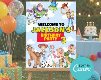 Toy Story Personalized Birthday Sign | Editable Canva Birthday Party Welcome Board | Toy Story Birthday Decoration