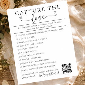 Capture The Love Wedding Sign,  Editable Reception Scavenger Hunt, QR Code Wedding Photo Upload Sign,  Wedding Reception DIY Canva Template