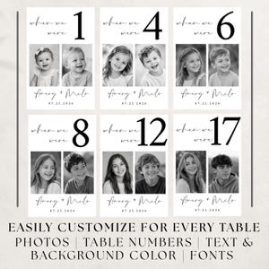 May include: Six rectangular white table number cards featuring black text and black-and-white photographs of two children. Each card displays the phrase when we were, a large number, the names Avery + Milo, and the date 07.25.2026 in a script font.