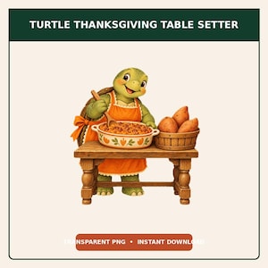 May include: A graphic illustration of a green turtle wearing an orange apron, standing behind a wooden table. The turtle holds a wooden spoon over a white casserole dish with orange carrot patterns, next to a wooden basket filled with brown potatoes.