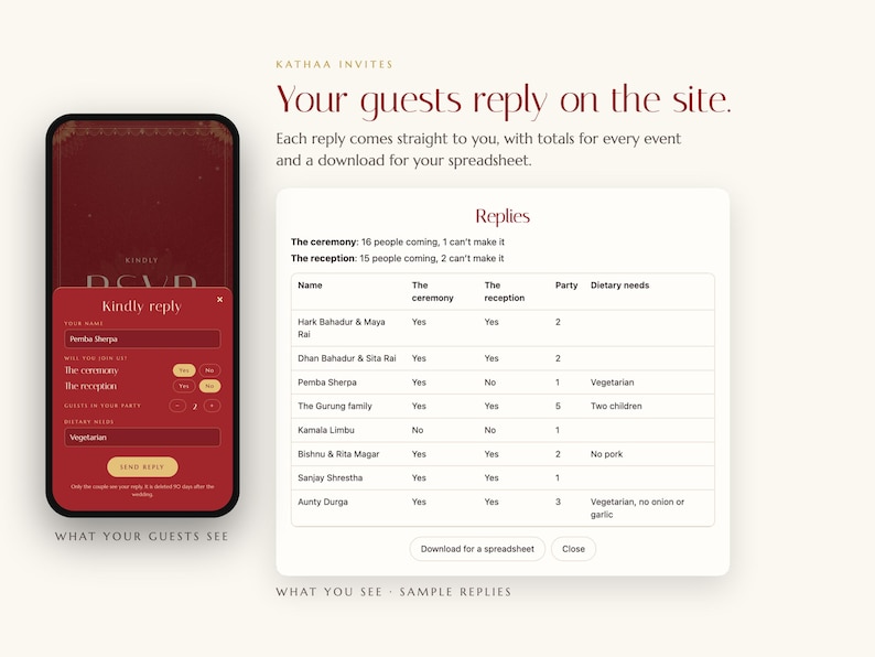 K&ouml;nnte beinhalten: Eine digitale Benutzeroberfl&auml;che mit einem Mobiltelefon, das ein rotes RSVP-Formular anzeigt, und einem wei&szlig;en Dashboard mit dem Titel Replies. Die Tabelle listet Gastnamen, Veranstaltungsbesuche, Gruppengr&ouml;&szlig;en und di&auml;tetische Bed&uuml;rfnisse auf.