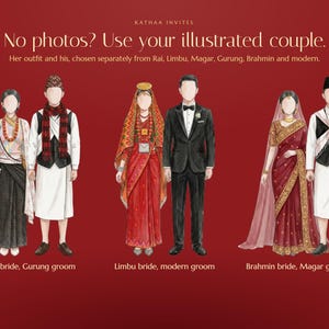K&ouml;nnte beinhalten: Eine Illustration von drei Paaren in traditioneller und moderner Hochzeitskleidung auf rotem Hintergrund. Der Text lautet: Kathaa Invites, No photos? Use your illustrated couple. Her outfit and his, chosen separately from Rai, Limbu, Magar, Gurung, Brahmin and modern.