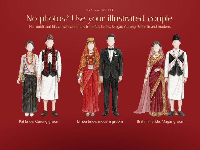 K&ouml;nnte beinhalten: Eine Illustration von drei Paaren in traditioneller und moderner Hochzeitskleidung auf rotem Hintergrund. Der Text lautet: Kathaa Invites, No photos? Use your illustrated couple. Her outfit and his, chosen separately from Rai, Limbu, Magar, Gurung, Brahmin and modern.