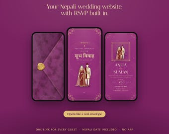 Puede incluir: Tres pantallas de smartphone muestran un sitio web de bodas nepalí de color púrpura. La pantalla izquierda muestra un sobre sellado. La pantalla central presenta una invitación con el texto "You are cordially invited" y "शुभ विवाह". La derecha muestra "Anita & Suman".