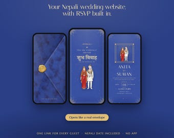 Könnte beinhalten: Drei Smartphones zeigen eine digitale Hochzeitseinladung in Blau. Die Bildschirme zeigen einen Umschlag mit goldenem Siegel, ein Paar in traditioneller Kleidung mit dem Text Shub Vivah und Veranstaltungsdetails für Anita und Suman am 05. März.