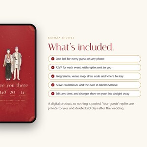 K&ouml;nnte beinhalten: Eine digitale Hochzeitseinladung auf einem Smartphone-Bildschirm mit rotem Hintergrund, die eine Illustration von zwei Personen in traditioneller Kleidung, einen Countdown-Timer und eine Liste von Funktionen wie RSVP und Lageplan zeigt.