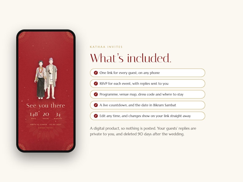 K&ouml;nnte beinhalten: Eine digitale Hochzeitseinladung auf einem Smartphone-Bildschirm mit rotem Hintergrund, die eine Illustration von zwei Personen in traditioneller Kleidung, einen Countdown-Timer und eine Liste von Funktionen wie RSVP und Lageplan zeigt.