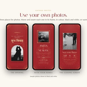 K&ouml;nnte beinhalten: Drei vertikale digitale Einladungsvorlagen in Rot mit goldenen Akzenten. Die Bildschirme zeigen Text wie "Use your own photos," "You are cordially invited," "Shubh Vivah," "Anita & Suman" und "See you there" sowie Platzhalter f&uuml;r eigene Fotos.