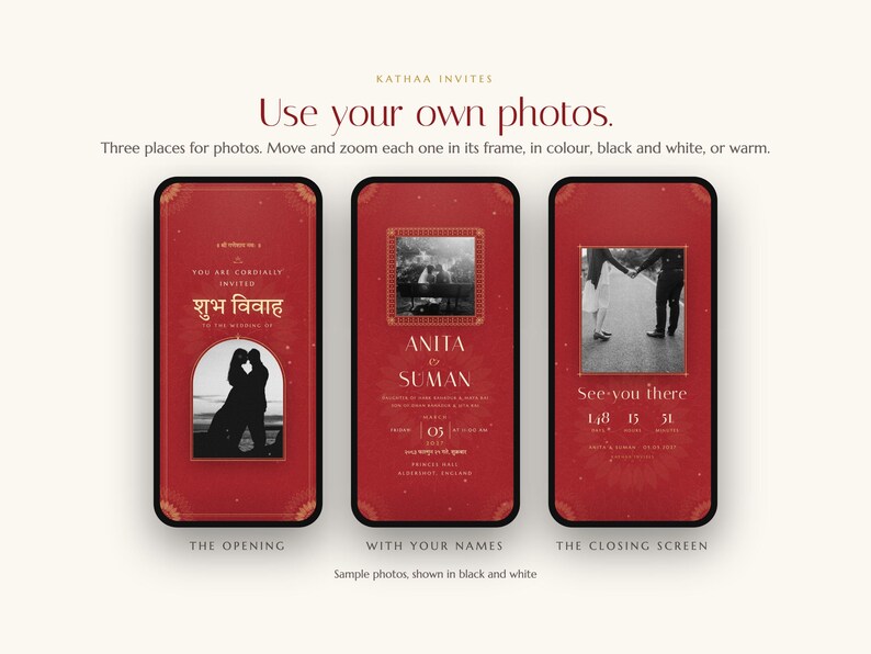 K&ouml;nnte beinhalten: Drei vertikale digitale Einladungsvorlagen in Rot mit goldenen Akzenten. Die Bildschirme zeigen Text wie "Use your own photos," "You are cordially invited," "Shubh Vivah," "Anita & Suman" und "See you there" sowie Platzhalter f&uuml;r eigene Fotos.