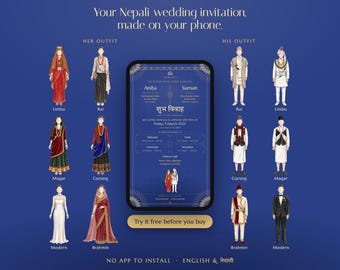 Puede incluir: Una invitación de boda digital en la pantalla de un teléfono inteligente con el texto Your Nepali wedding invitation, made on your phone. La pantalla muestra detalles de Anita y Suman, rodeados de ilustraciones de vestimenta tradicional nepalí.