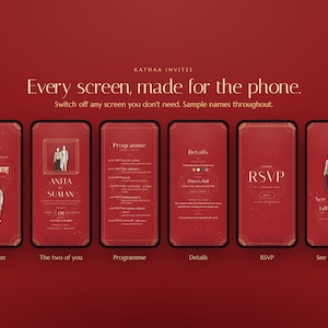 K&ouml;nnte beinhalten: Sechs Smartphone-Bildschirme zeigen eine digitale Hochzeitseinladung auf tiefrotem Hintergrund. Der Text lautet Kathaa Invites, Every screen, made for the phone, und enth&auml;lt Abschnitte f&uuml;r Einladung, Namen, Programm, Details, RSVP und See you there.