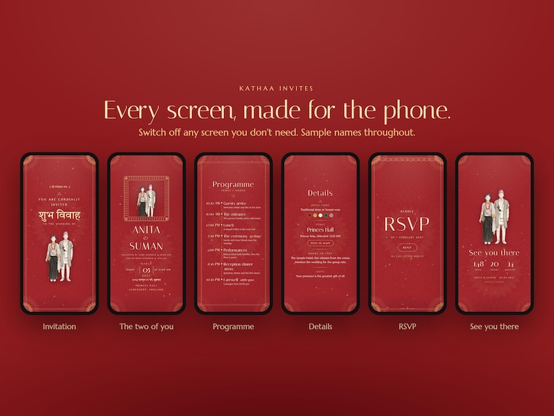 K&ouml;nnte beinhalten: Sechs Smartphone-Bildschirme zeigen eine digitale Hochzeitseinladung auf tiefrotem Hintergrund. Der Text lautet Kathaa Invites, Every screen, made for the phone, und enth&auml;lt Abschnitte f&uuml;r Einladung, Namen, Programm, Details, RSVP und See you there.