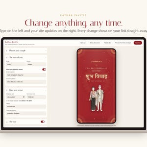 K&ouml;nnte beinhalten: Ein Laptop-Bildschirm zeigt die Benutzeroberfl&auml;che der Website Kathaa Invites mit einem Bearbeitungsbereich links und einem mobilen Vorschaufenster rechts. Die Vorschau zeigt eine rote Hochzeitseinladung mit einem Paar und dem Text "You are cordially invited" und "शुभ विवाह".