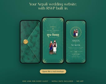 Könnte beinhalten: Drei Smartphones zeigen eine digitale nepalesische Hochzeitseinladung auf dunkelgrünem Hintergrund. Die Bildschirme zeigen einen strukturierten grünen Umschlag mit goldenem Siegel, ein Paar in traditioneller Kleidung und den Text Anita und Suman.