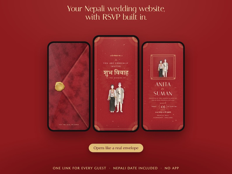 K&ouml;nnte beinhalten: Drei Smartphones zeigen eine digitale nepalesische Hochzeitseinladung auf rotem Hintergrund. Die Bildschirme zeigen einen roten Umschlag mit goldenem Wachssiegel, eine Einladung mit einer Paarillustration und dem Text "Shubh Vivah" sowie Details.