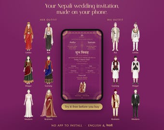 Puede incluir: Un gráfico digital que muestra un teléfono inteligente con una plantilla de invitación de boda morada. La pantalla muestra texto que incluye los nombres Anita y Suman, y la fecha viernes 5 de marzo de 2017. Alrededor del teléfono hay ilustraciones de varios atuendos tradicionales nepalíes para ella y él, etiquetados por grupo cultural, además de opciones modernas.