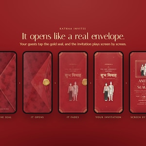 K&ouml;nnte beinhalten: Eine digitale Hochzeitseinladung auf f&uuml;nf Smartphone-Bildschirmen vor rotem Hintergrund. Das Design zeigt einen roten Umschlag mit einem goldenen Siegel, der sich &ouml;ffnet und Text auf Englisch und Hindi sowie Illustrationen eines Paares enth&uuml;llt.