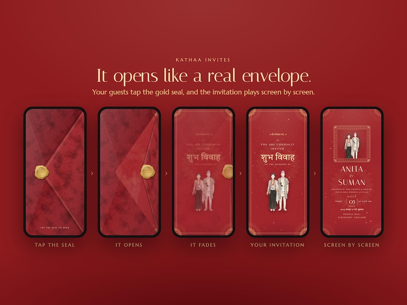 K&ouml;nnte beinhalten: Eine digitale Hochzeitseinladung auf f&uuml;nf Smartphone-Bildschirmen vor rotem Hintergrund. Das Design zeigt einen roten Umschlag mit einem goldenen Siegel, der sich &ouml;ffnet und Text auf Englisch und Hindi sowie Illustrationen eines Paares enth&uuml;llt.