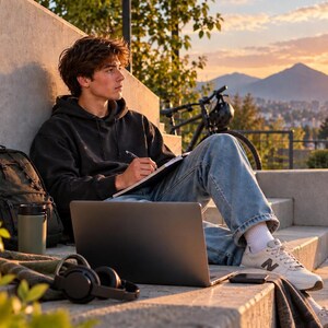 May include: A black hooded sweatshirt, light blue denim jeans, and white sneakers. A black backpack, a dark green insulated tumbler, black over-ear headphones, and a silver laptop are placed nearby. A notebook and pen are held in hand.