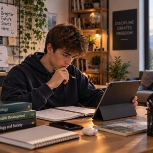 May include: A person in a dark hoodie sits at a wooden desk studying with a tablet, an open notebook, and a stack of three books titled Psychology, Sustainable Development, and Technology and Society. A pen is held to their chin while they work.
