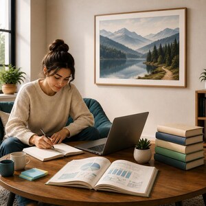 May include: A round wooden coffee table holds an open notebook, a laptop, a stack of five books, a small potted succulent, two mugs, and a stack of sticky notes. A framed landscape print of mountains and a lake hangs on the wall above.
