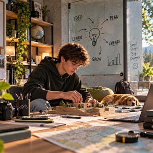Puede incluir: Una persona con sudadera oscura trabaja en una maqueta arquitectónica en miniatura sobre un escritorio. El escritorio incluye un portátil, una taza con gráficos de montaña, una cámara y libros con las etiquetas Explore, Create y Belong.