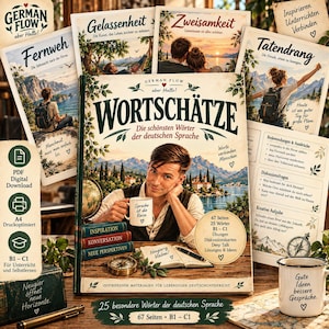 May include: A German language learning book titled WORT SCHÄTZE with a cover featuring a person holding a mug that says Sprache ist die Reise. The book is surrounded by educational cards, a compass, a pen, and a white mug with the text Gute Ideen bessere Gespräche.