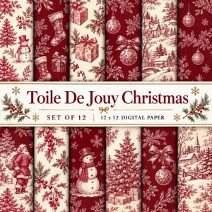May include: A set of 12 digital papers featuring Toile De Jouy Christmas patterns in deep red and cream. Designs include snowmen, stockings, wrapped gifts, ornaments, holly, pine trees, a winter village, and Santa Claus with text.