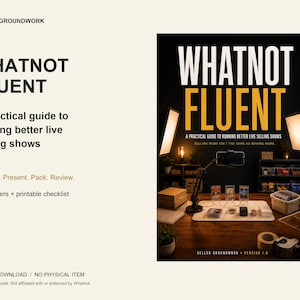 May include: A digital guide titled Whatnot Fluent, a practical guide to running better live selling shows. The cover features a desk setup with a smartphone on a stand, lighting equipment, and various items for live streaming and product display.