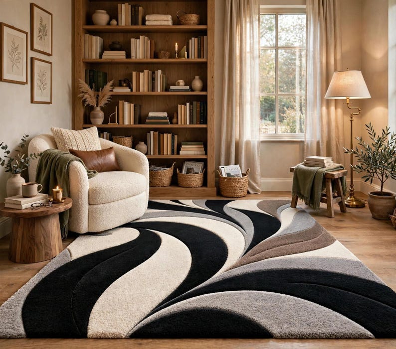 Hand-tufted Wool Abstract Wave Rug, Black Cream Grey Brown Modern ...