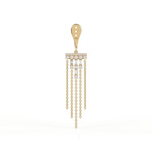 May include: A gold pendant featuring a teardrop-shaped bail stamped with 14K, connected to a horizontal bar set with small round diamonds. Below the bar, alternating baguette and round diamonds hang, followed by five delicate gold chains.
