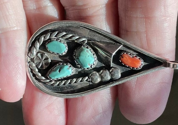Vtg native American Turquoise & Coral Sterling Pe… - image 7