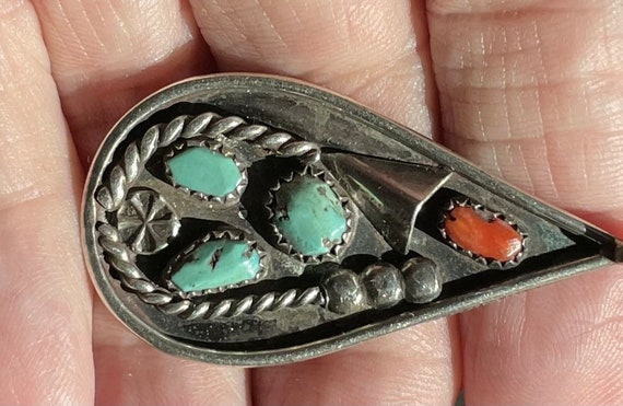 Vtg native American Turquoise & Coral Sterling Pe… - image 3
