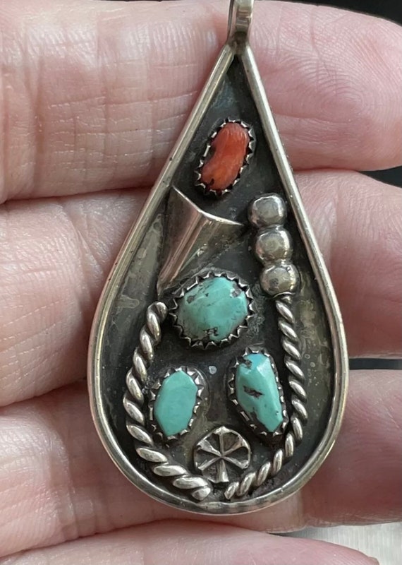 Vtg native American Turquoise & Coral Sterling Pe… - image 1