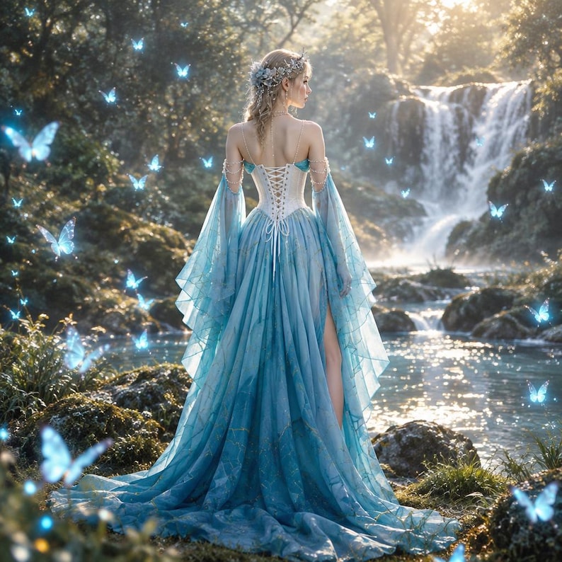 Ice Blue Mermaid Gown, Sheer Chiffon Sleeves, Pearl Chest Chains ...