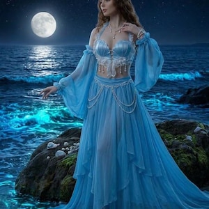 Puede incluir: Un conjunto de dos piezas azul claro que consta de un corpiño en forma de concha con ribete de encaje blanco y mangas largas, transparentes y fluidas, combinado con una falda de gasa a juego, larga y con capas, adornada con perlas.