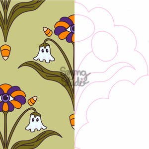 May include: A split-view graphic design featuring a repeating pattern on a sage green background. The left side displays stylized flowers with purple and orange petals, white ghost-like figures, and orange candy corn shapes. The right side shows a pink outline.