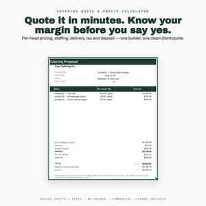 May include: A digital catering quote and profit calculator template featuring the text Catering Quote & Profit Calculator, Quote it in minutes. Know your margin before you say yes, and a detailed example catering proposal document with financial data.