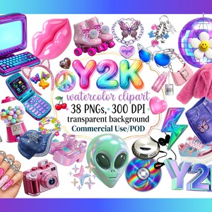 Könnte beinhalten: Eine digitale Sammlung von Y2K-Aquarell-Cliparts mit einem violetten Computer, rosa Lippen, Rollschuhen, Schmetterlingsschmuck, Discokugel, Klapphandy, Lavalampe, Kaugummiautomat, Alien-Kopf, CD, Kamera und Kleidungsstücken mit dem Text Y2K.