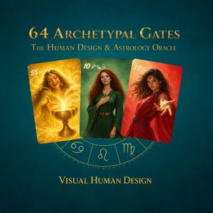 Può includere: Tre carte oracolo intitolate 64 Archetypal Gates The Human Design & Astrology Oracle. Le carte presentano illustrazioni di figure in giallo, verde e rosso, con il testo Visual Human Design e simboli zodiacali sottostanti.