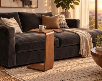 Amelia C-Shape End Table – Walnut Brown Slide-Under Sofa Side Table | Modern Space-Saving Accent Stand for Living Room & Bedroom