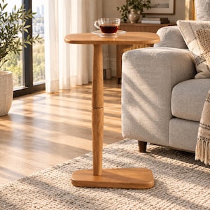 May include: A light brown wooden C-shaped side table with a smooth, rectangular tabletop and a matching rectangular base. A single vertical support column connects the base to the top. A clear glass cup filled with dark tea sits on the tabletop.